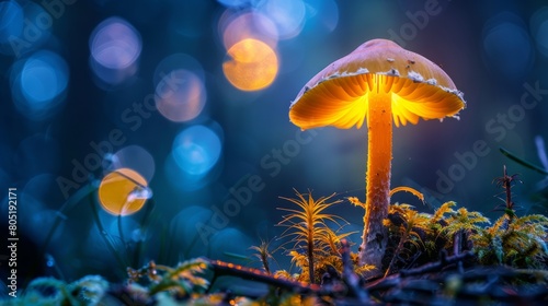A luminous yellow mushroom illuminates the forest floor, casting an enchanting glow amidst the shadows of the trees