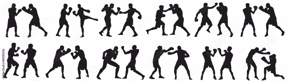 Boxer silhouettes. Huge set of silhouettes of boxer fighting.