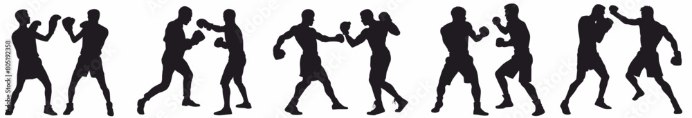 Silhouette of boxing player. Group of boxers with different fighting pose. Silhouette of boxing player. Group of boxers with different fighting pose.