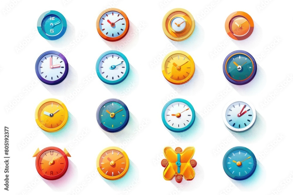 Various colored clocks on a clean white background, suitable for time management concepts Various colored clocks on a clean white background, suitable for time management concepts