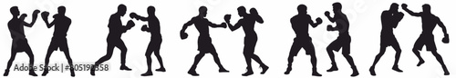 Silhouette of boxing player. Group of boxers with different fighting pose. 