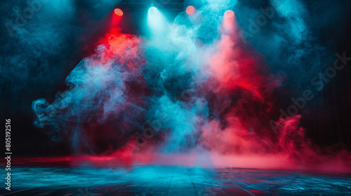Bright aqua smoke drifting across a stage under a ruby red spotlight  providing a cool  striking visual.