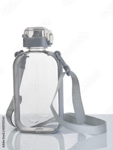 Portable plastic water flask close up on white background