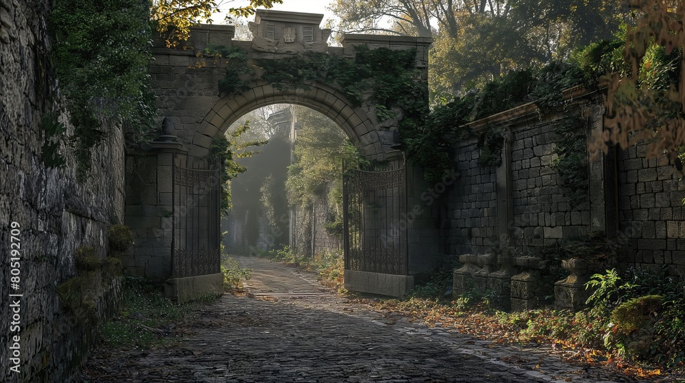 Gate of an abandoned ancient castle against the background of the sky and forest Gate of an abandoned ancient castle against the background of the sky and forest