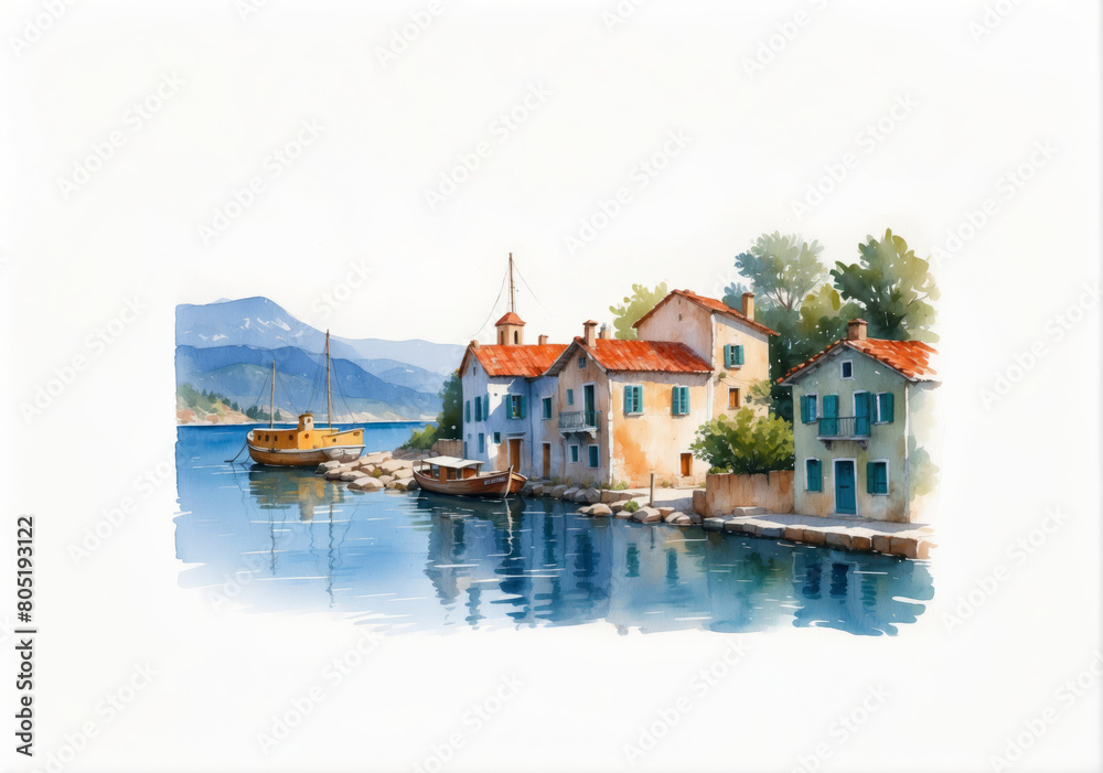 landscape with the sea, houses and boats in Montenegro. Watercolor sketch