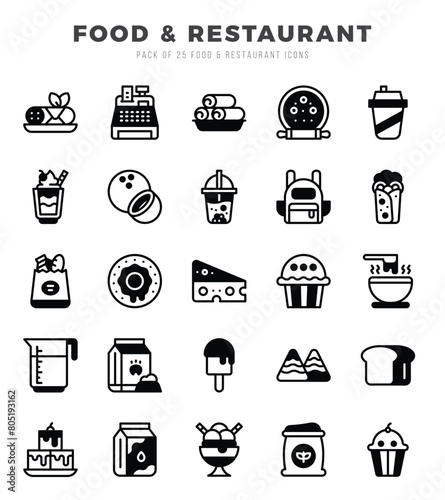 Set of Food and Restaurant Icons Lineal Filled icons collection.