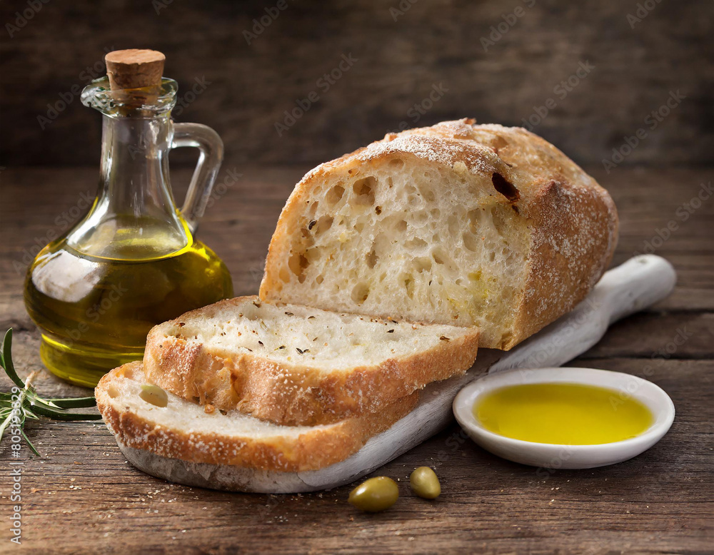 slice of bread seasoned with olive oil on wooden background