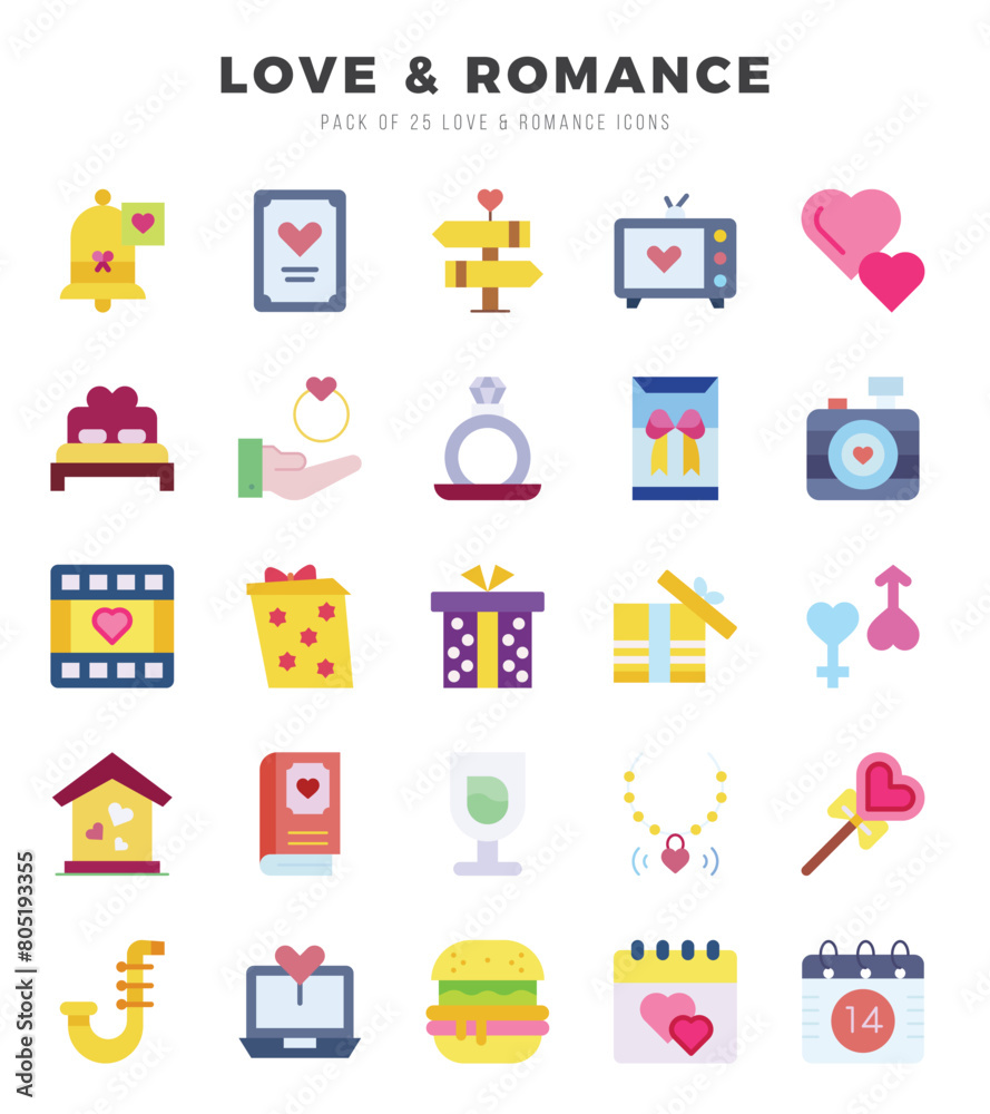 Set of 25 Love & Romance Flat Icons Pack.