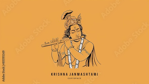 Janmashtami festival with Lord Krishna playing flute illustration. Generative Ai.