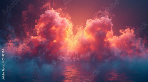 Bright coral smoke abstract background gently rises over a navy blue floor.
