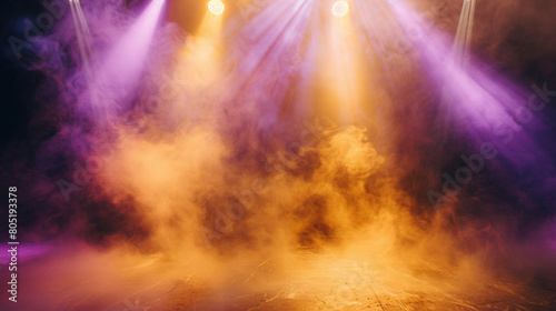 Bright golden smoke drifting across a stage under a lavender spotlight  offering a luxurious  warm visual.