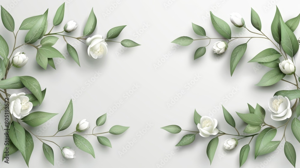   Two white flowers on a white background with space for text or an image, encircled by lush green leaves