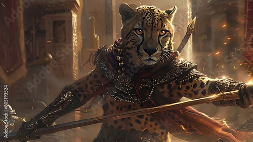 A sleek cheetah, bedecked in gleaming armor and wielding a gleaming sword, prowls through the ancient ruins of a forgotten kingdom, its golden eyes ablaze with fierce determination. photo