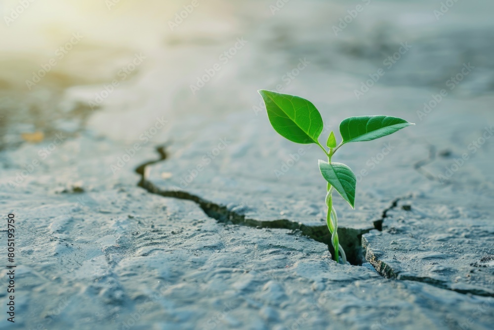 A plant growing out of a crack in the ground. Suitable for environmental themes A plant growing out of a crack in the ground. Suitable for environmental themes