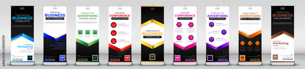 creative business roll up banner collection for meetings, events, promotions, marketing in light blue, blue, green, red, yellow, pink, purple, orange, brown creative business roll up banner collection for meetings, events, promotions, marketing in light blue, blue, green, red, yellow, pink, purple, orange, brown