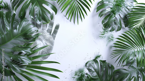 A hand is drawn on a leafy background