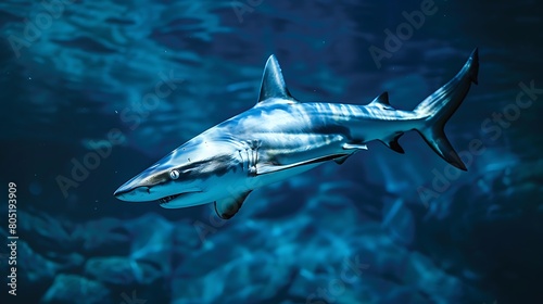 A sleek shark  its silver scales glinting like shards of moonlight on the surface of the ocean  cuts through the azure depths with effortless grace and precision  