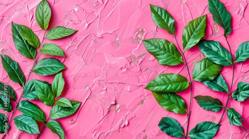   A tight shot of leaves against a pink background  with a green plant situated to the image s left  and another green plant visible on the right