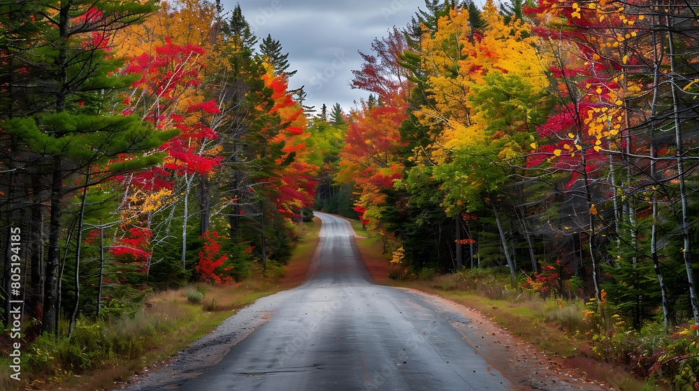 A symphony of colors unfolds along the roadside as the leaves transition from lush green to fiery red, creating a breathtaking tapestry of nature's art.