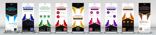 business abstract roll up banner collection for meetings, events, promotions, marketing in light blue, blue, green, red, yellow, pink, purple, orange, brown 