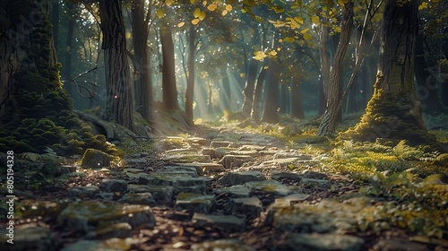 Photo of a cozy stone forest path in a sunny forest