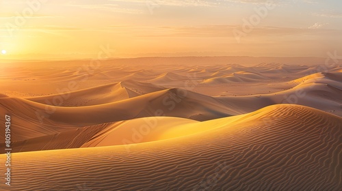 A vast expanse of golden sand stretches into the horizon  illuminated by the soft glow of dawn s first light. The gentle curves of the dunes create a symphony of shadows and highlights 