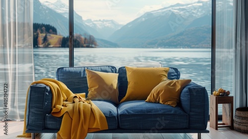 Cozy living room interior with stylish blue couch and vibrant yellow pillows. Perfect for home decor or interior design concepts