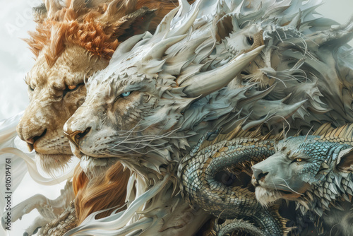 A beast with multiple heads of different animals a lion  a wolf  and a dragon all sharing the same shimmering  scaled body.