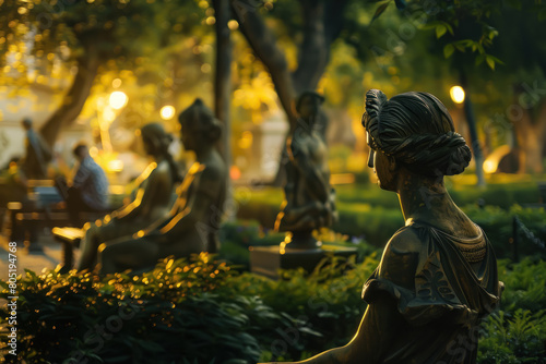 A city park where the statues come alive at dusk, playing ancient games and whispering secrets to passersby photo
