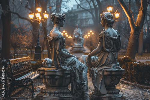 A city park where the statues come alive at dusk, playing ancient games and whispering secrets to passersby photo