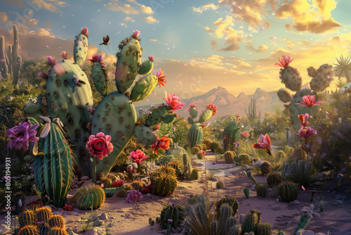 A desert oasis where cacti bloom with flowers made of spun sugar, glistening in the harsh sunlight and attracting exotic birds. photo