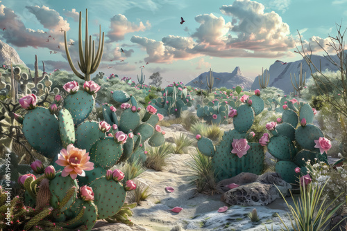 A desert oasis where cacti bloom with flowers made of spun sugar, glistening in the harsh sunlight and attracting exotic birds. photo