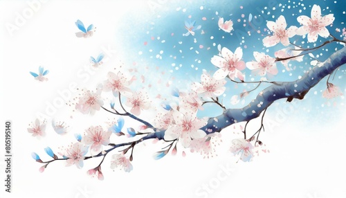A bright white background  refreshing  clear  blue sky  dancing  beautiful illustration of cherry blossoms generated by AI