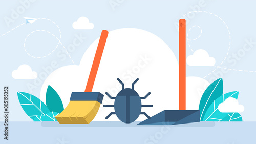 Service and debugging concept. Broom cleaning from bugs and viruses. Bug, broom, scoop, remove, delete, destroy, programming, testing, PC. Data protection, information security. Flat illustration