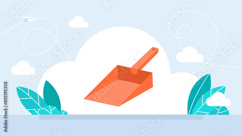 Заголовок	
Dustpan. Cleaning scoop. Hand red dustpan icon. Clean service concept. Flat item, handle dust pan, cleaning scoop. Flat illustration