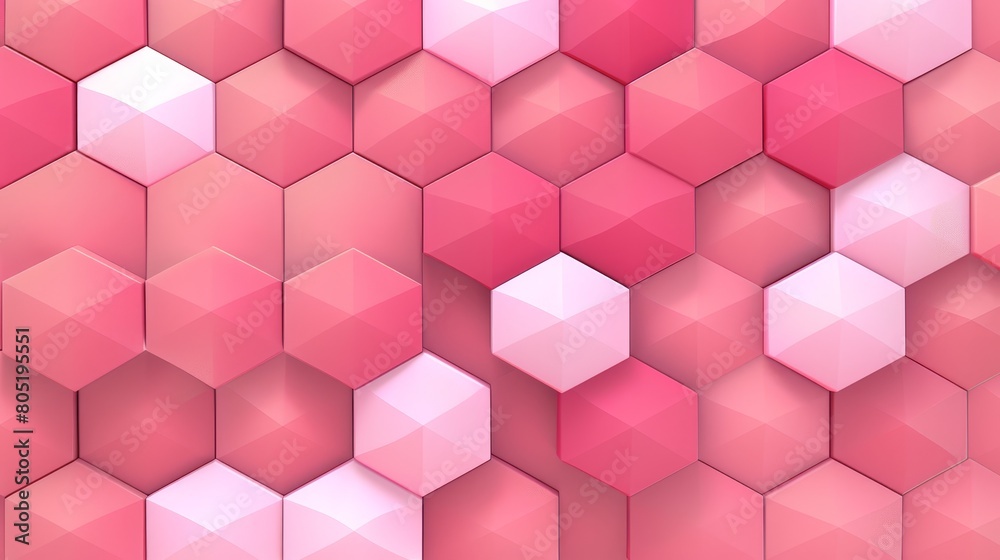 A background is filled with a pink color, upon which multiple hexagons are organized into cube-like structures, all displaying a consistent pink hue A background is filled with a pink color, upon which multiple hexagons are organized into cube-like structures, all displaying a consistent pink hue