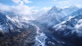 Behold the majesty of icy peaks, where glaciers kiss the sky and rivers carve their path through rugged terrain. Witness nature's grandeur in stunning 8K detail