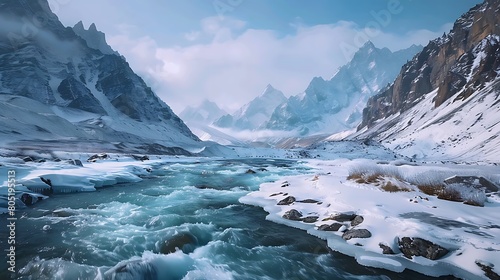 Behold the breathtaking spectacle of snow-crowned peaks and icy rivers, a testament to the enduring power and beauty of nature. Experience the grandeur of this 8K landscape, 