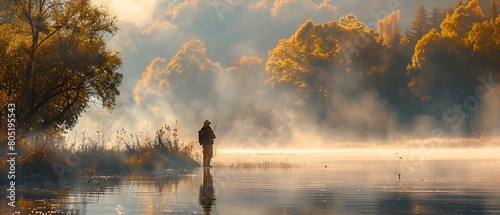 Illustration of a man is fishing by the water's edge with a thin mist floating above the water showing the cool air under the warm and beautiful morning sun. It's a very nice and private atmosphere.