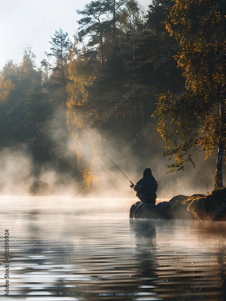 Illustration of a man is fishing by the water's edge with a thin mist floating above the water showing the cool air under the warm and beautiful morning sun. It's a very nice and private atmosphere. Illustration of a man is fishing by the water's edge with a thin mist floating above the water showing the cool air under the warm and beautiful morning sun. It's a very nice and private atmosphere.