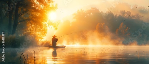 Illustration of a man is fishing by the water's edge with a thin mist floating above the water showing the cool air under the warm and beautiful morning sun. It's a very nice and private atmosphere. photo