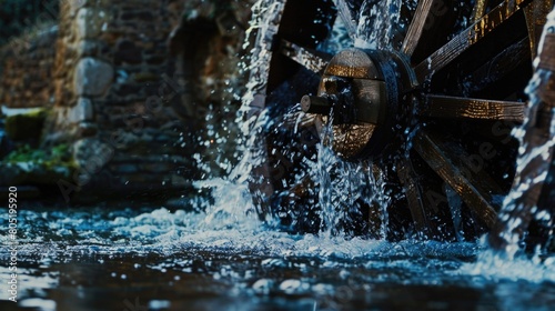 Detailed view of water wheel with flowing water, ideal for industrial or nature concepts