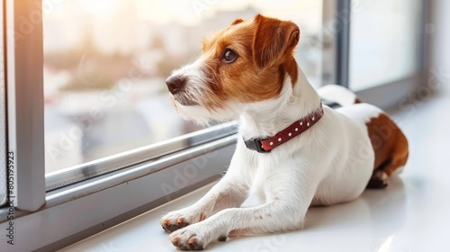  A small brown and white dog lies on a window sill, next to a pane of glass, overlooking a cityscape