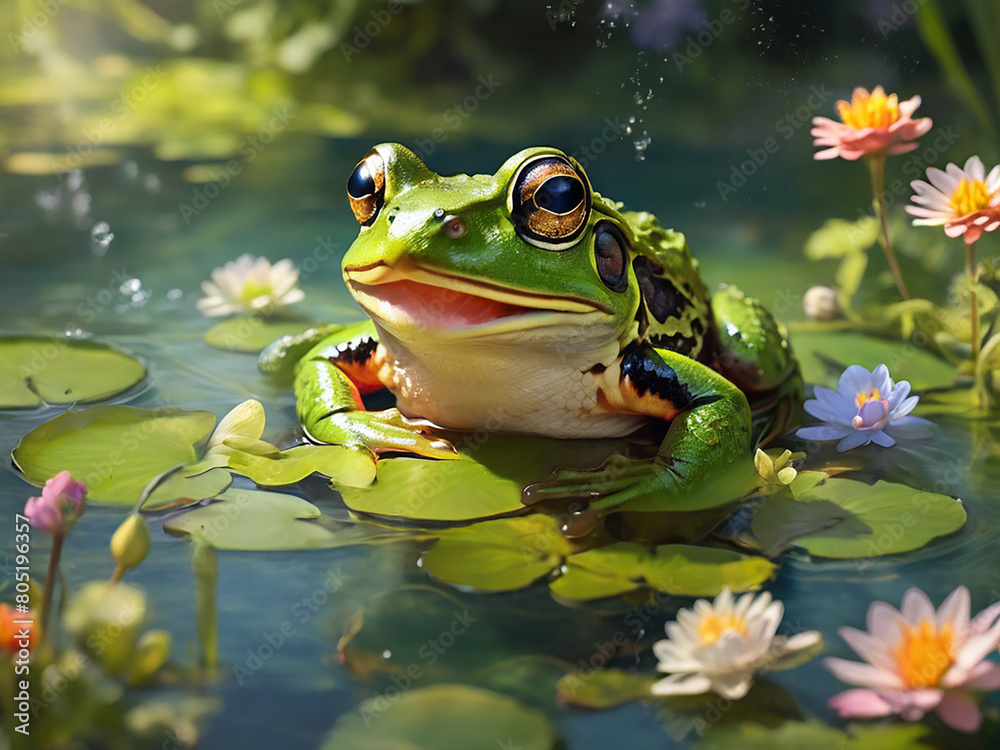 A cheerful green frog basking in the warm sun, surrounded by vibrant flowers and a sparkling pond. A cheerful green frog basking in the warm sun, surrounded by vibrant flowers and a sparkling pond.