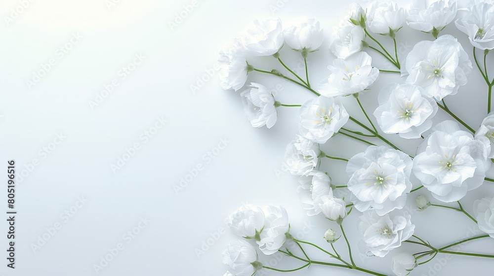 A table holds a vase with flowers and a cluster of white blooms A table holds a vase with flowers and a cluster of white blooms