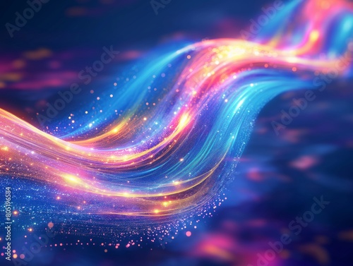 Vibrant and colorful lines with sparkling particles on a dark background creating a sense of movement and energy.