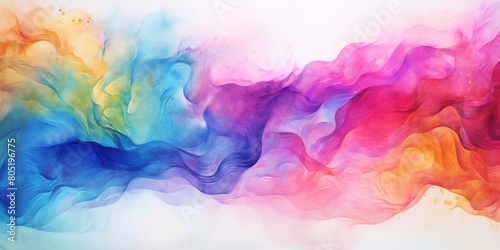 A detailed closeup of a vibrant watercolor painting featuring a rainbow of colors on a white background, evoking a dreamy atmosphere with hints of purple, pink, and blue clouds