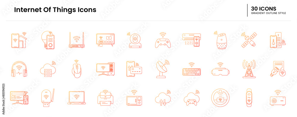 internet of things icon set. iot, technology, internet, things, digital, network, computer, smart, concept, data, business, communication. Vector gradient outline icon illustration internet of things icon set. iot, technology, internet, things, digital, network, computer, smart, concept, data, business, communication. Vector gradient outline icon illustration