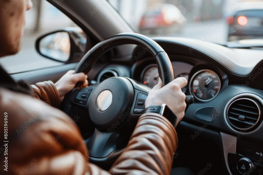 A man driving a car on a city street. Suitable for transportation and urban lifestyle concepts