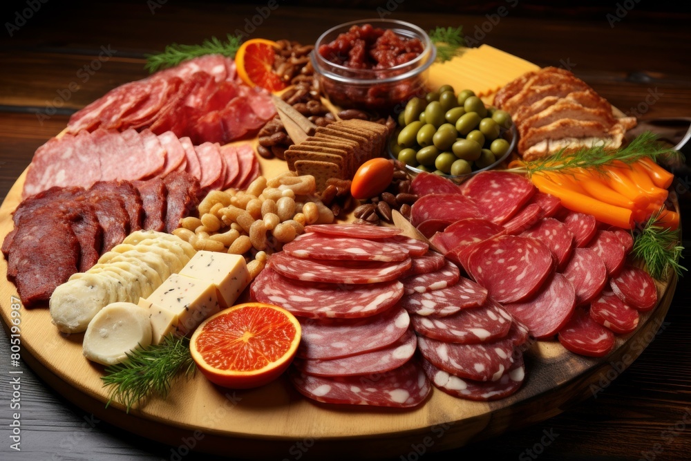 Diverse Meat platter appetizers. Food party. Generate Ai